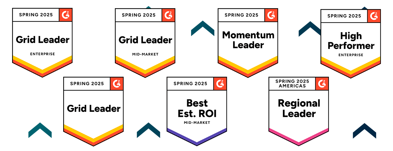 Set of G2 badges showing GovWin IQ recognized as a Spring 2025 Grid Leader, Momentum Leader, and ‘Users Love Us’ winner